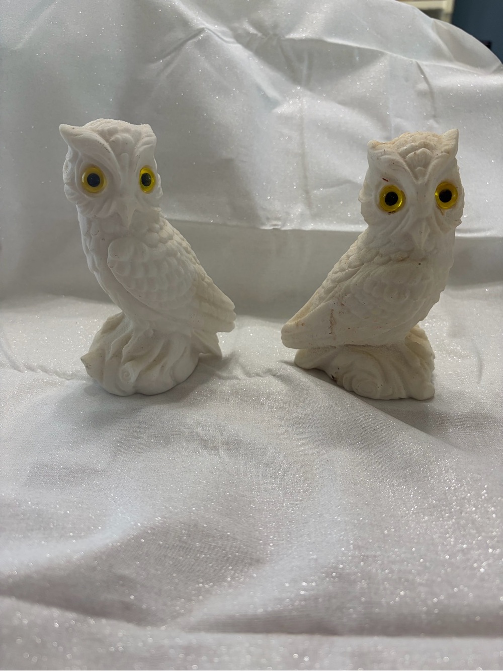 Vintage White Owl Figurine Set with Yellow Eyes - Decorative Home Accent